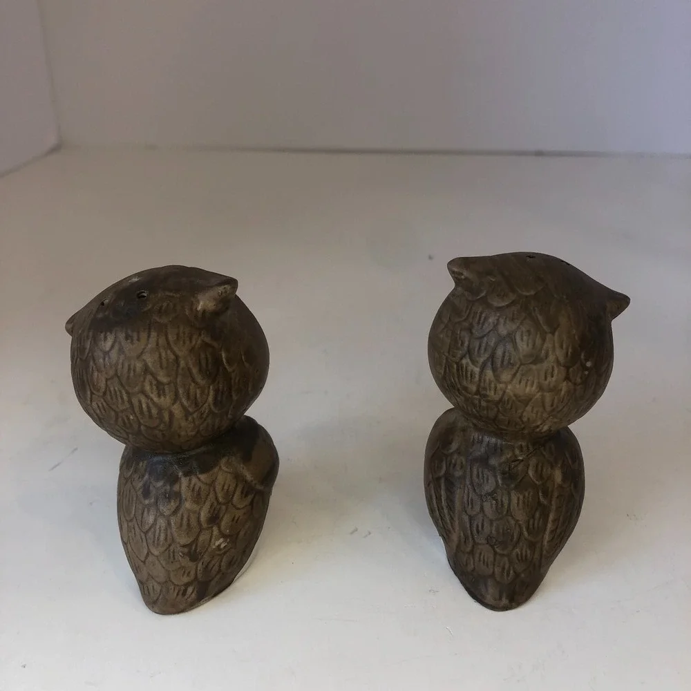 OWLS Salt & Pepper Shaker‎ S&P Cute Brown Couple Kitsch Ceramic VINTAGE